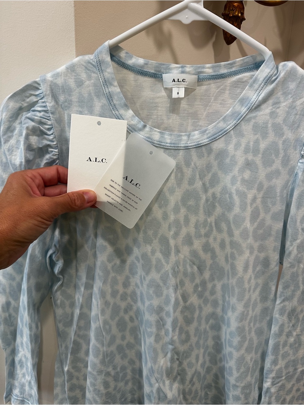 A.L.C Puff Sleeve Pale Blue Animal Print Long Sleeve Top